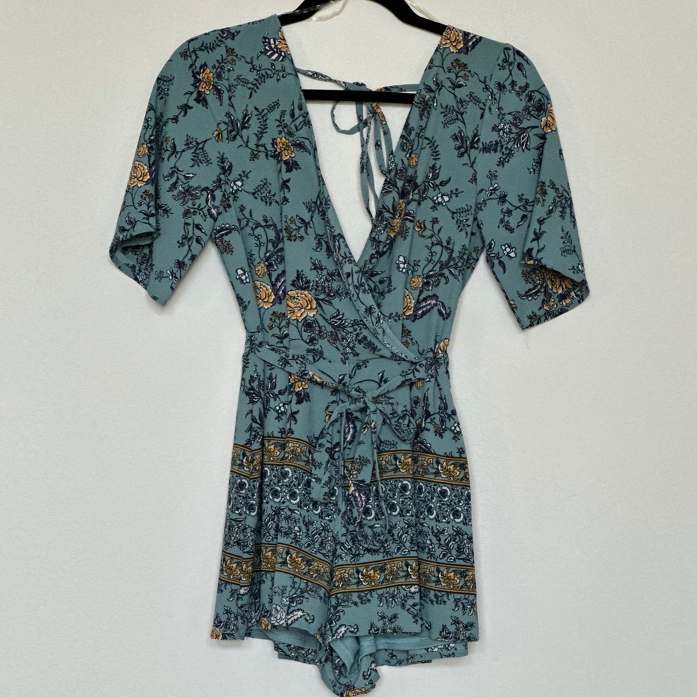Blue Rain Francescas Teal Floral Boho Wrap Romper XS 26P3354HND